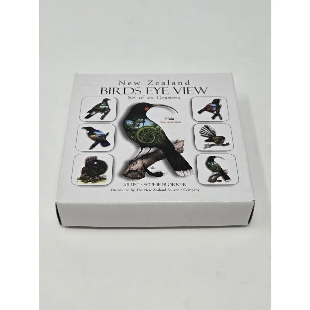 VINTAGE NEW ZEALAND BIRDS EYE VIEW COASTERS SET OF 6 SOPHIE BLOKKER ARTIST BOX